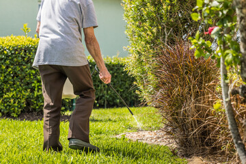 Man spraying weed killer herbicide on green grass residential yard. Landscaper using pump chemical pesticide sprayer for lawn weed control.