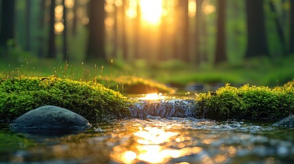 Fototapeta premium Sunrise through a forest stream with moss, rocks, and tall trees in the background