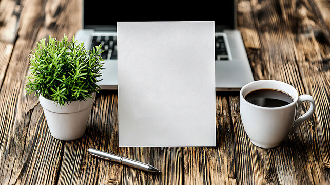 Blank card mockup on rustic wooden desk with laptop, coffee, and plant. Perfect for branding, invitations, or messaging. Clean, minimalist aesthetic. Ideal for showcasing your design or text.