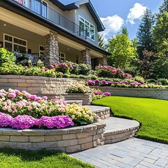 Beautiful home exterior featuring lush gardens and decorative stone steps