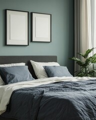 Modern bedroom with framed prints and bedding