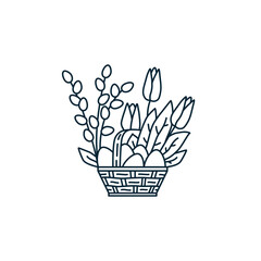 Easter basket, eggs, pussy willow branches (cats), tulip flowers, leaves. Spring holiday. Vector icon with editable stroke lines. Graphic flat logo.