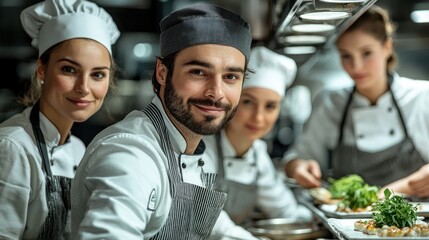 Team of chefs preparing dishes in a busy kitchen. Focused, smiling, professional