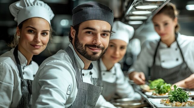 Team of chefs preparing dishes in a busy kitchen. Focused, smiling, professional - Powered by Adobe