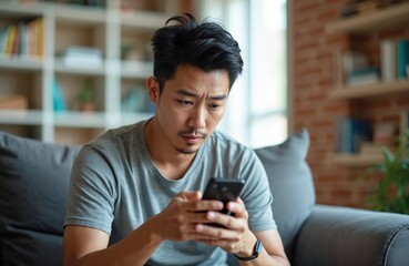 Asian man with concerned expression checks mobile phone. Serious, worried face indoors on sofa. Depression, anxiety, mental health, online communication, social media. Problem, frustration, bad news