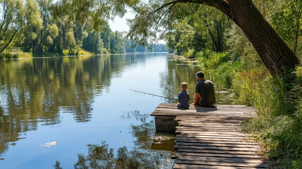 Obraz premium Father and son fishing on a calm lake from a wooden dock, surrounded by lush summer greenery