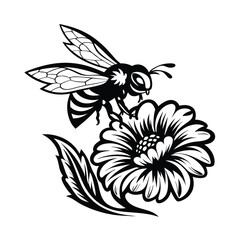 Bee Hovering Over Flower Silhouette, Black and White Design, Detailed Wings