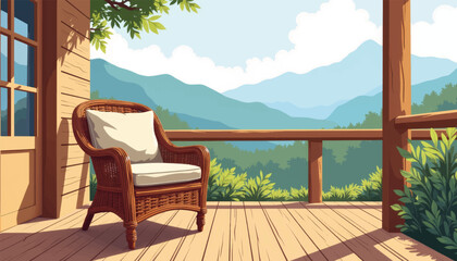 Obraz premium Rustic wicker chair on a sunlit porch with distant mountains, serenity