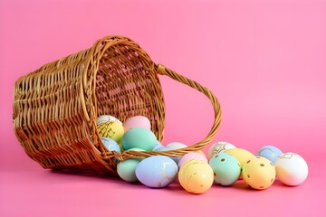 A traditional woven wicker basket tipped on its side against a solid pink background, with decorated Easter eggs spilling out. 