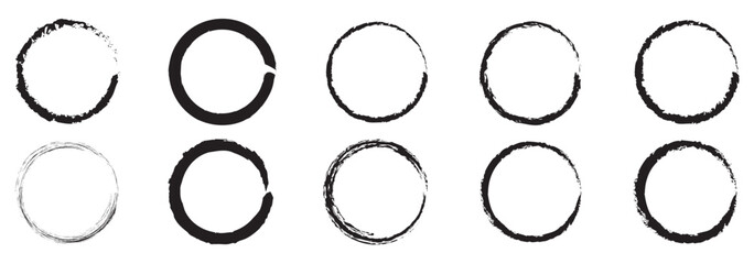 Hand drawn circle line sketch set. Circular vector image. Hand drawn circle with doodle patterns. Vector brush strokes circles of paint on white background.
