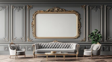 Elegant Living Room With Ornate Gold Frame And Sofa