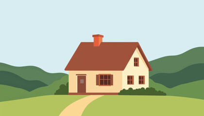 Quaint rural cottage nestled in green hills, simplicity and warmth