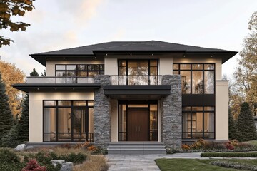 Fototapeta premium Exterior view of a modern home with stone accents and large windows at dusk