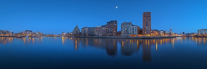 Naklejka premium Cityscape at dawn over a tranquil river