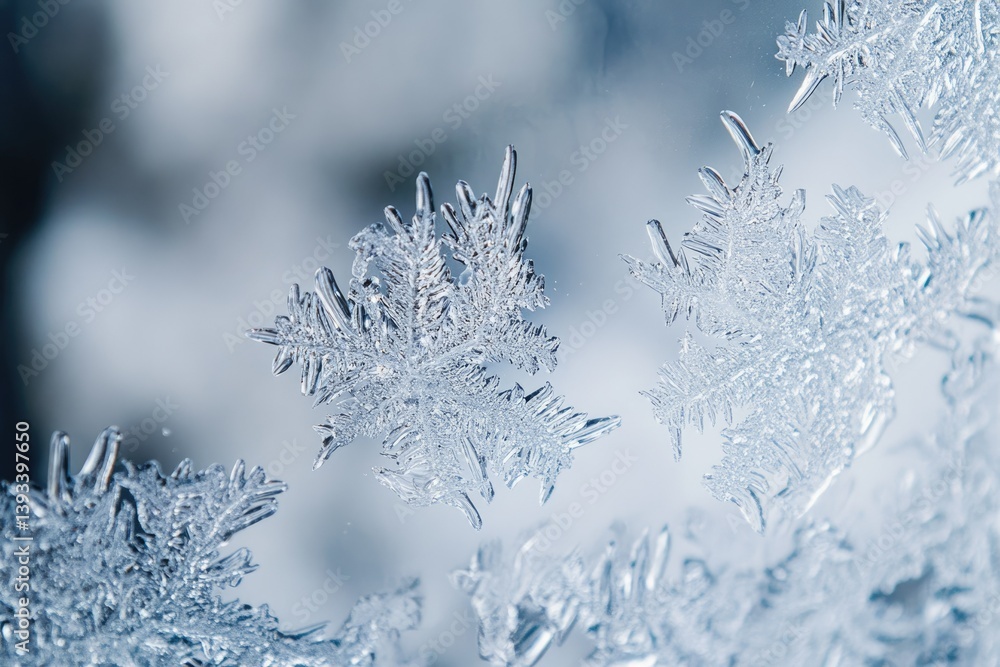 Poster intricate ice crystals form delicate, frosty patterns on a cold window pane.