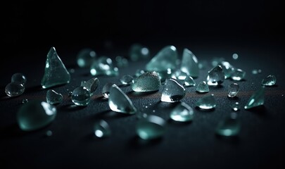 Crystal pieces on dark surface, reflective edges, abstract texture, dramatic contrast