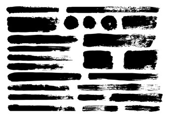 Black brush strokes set. Set of hand drawn black brush strokes, banners, circles. Black ink grunge brush strokes. 