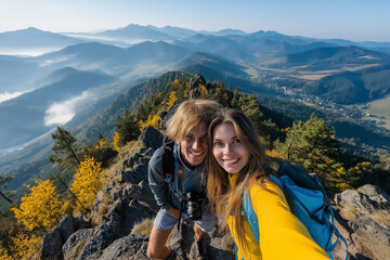 Naklejka premium Young couple hiking in mountains at sunrise in summer smiling and enjoying the view, wide angle