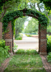 Rustic Garden Gateway: Brick Pathway Through Lush Green Archways