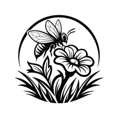 Black and White Bee with Flower and Grass Isolated on White Background Design