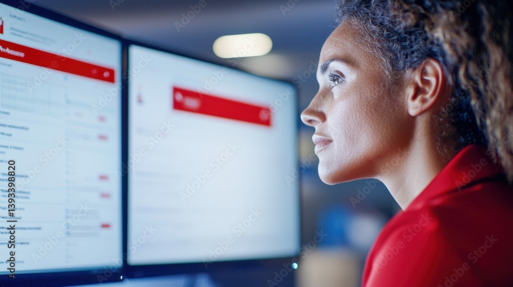 Aufkleber a woman is closely examining data on a dual-screen computer setup, deep in concentration and focused