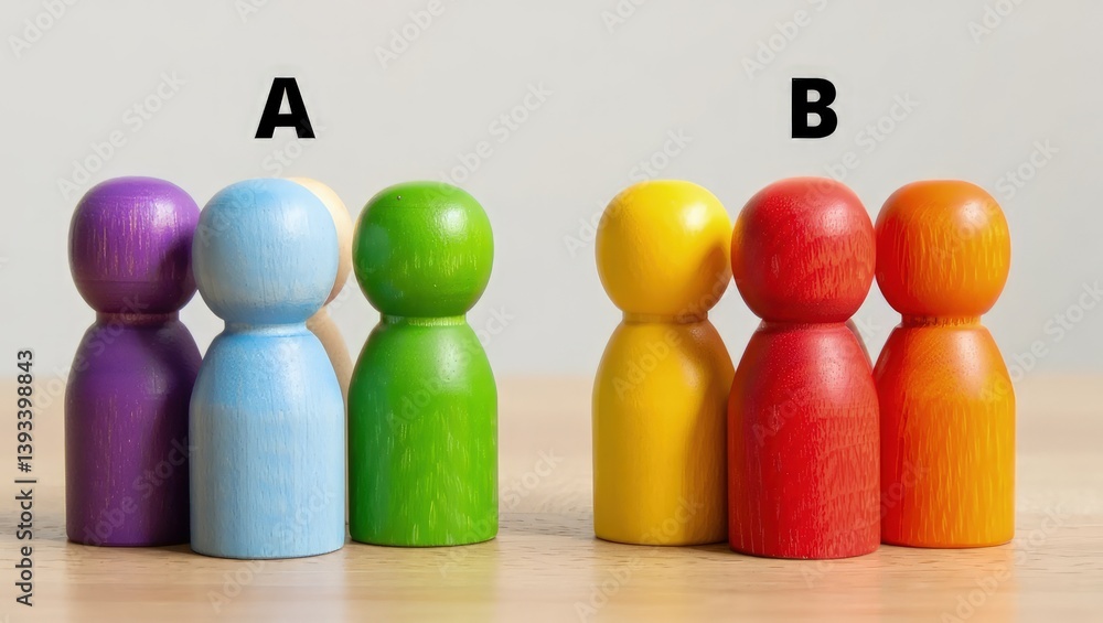 Poster Two groups of people A and B. Social experiments. Control group. Surveys and statistics collection. Division into two types. Study of society and social technologies.