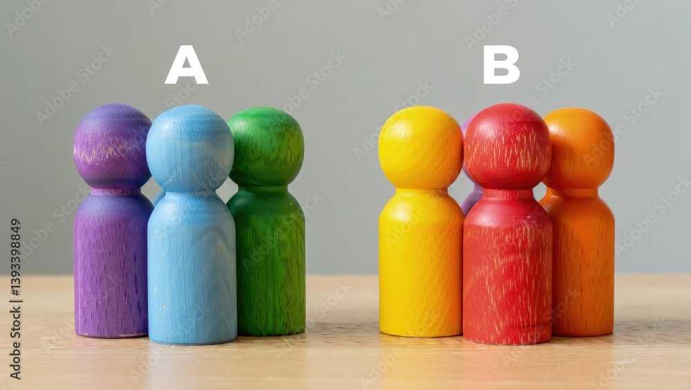 Poster Two groups of people A and B. Social experiments. Control group. Surveys and statistics collection. Division into two types. Study of society and social technologies.