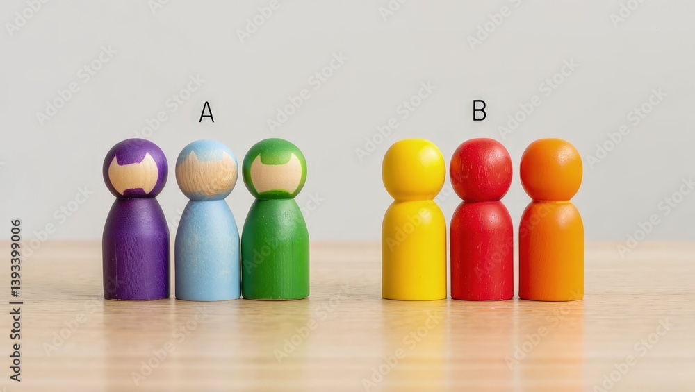 Fototapete Two groups of people A and B. Social experiments. Control group. Surveys and statistics collection. Division into two types. Study of society and social technologies.