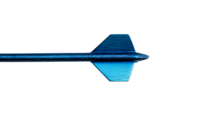 Metallic blue dart with tail and reflection on surface, cut out transparent