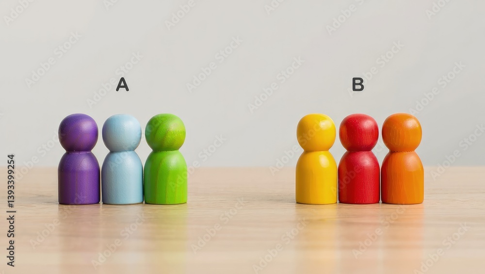 Leinwandbilder Two groups of people A and B. Social experiments. Control group. Surveys and statistics collection. Division into two types. Study of society and social technologies.
