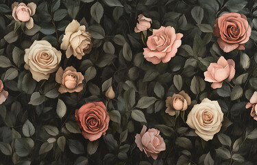 Vintage roses in the dark forest, top view, leaves, flowers, nature, floral background, pink and beige tones, dark colors, vintage style, dark green leaves, soft light, watercolor, old photo effect.