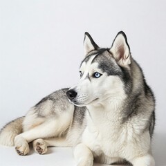 Obraz premium Siberian husky dog laying photoshoot in studio with white background