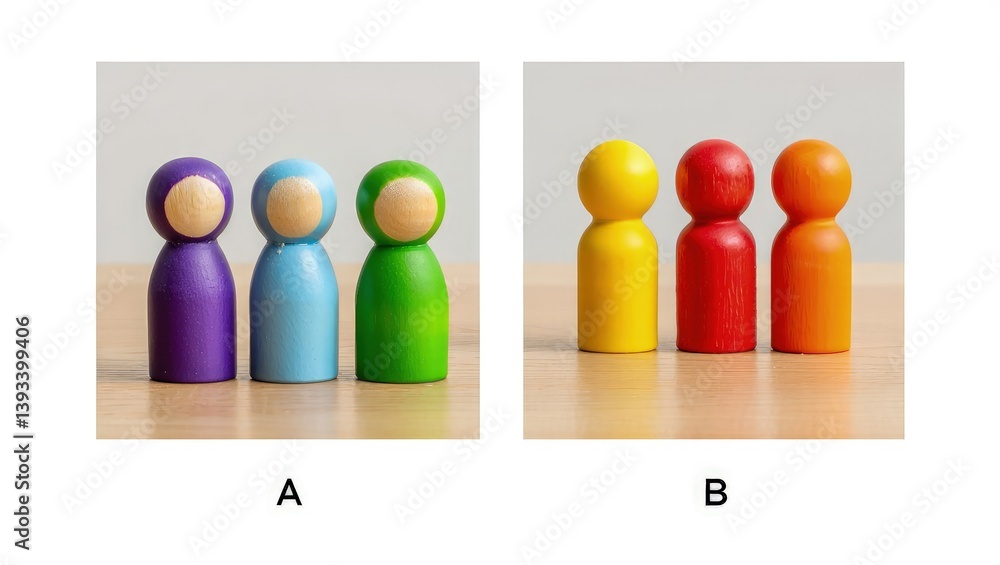 Poster Two groups of people A and B. Social experiments. Control group. Surveys and statistics collection. Division into two types. Study of society and social technologies.