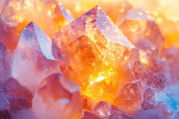 Obraz premium Cluster of luminous orange and purple crystals, glowing with inner light, a stunning display of natural beauty.