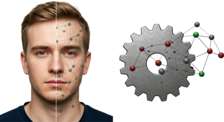 Isolated Half Man Face and Gear with Network Connection