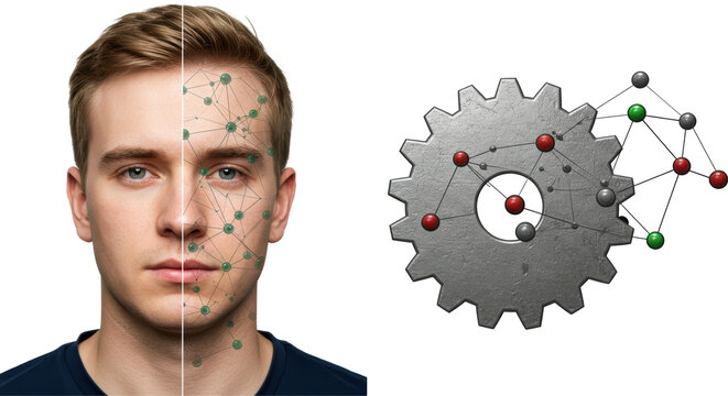 Isolated Half Man Face and Gear with Network Connection