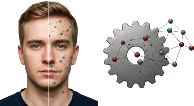 Isolated Half Man Face and Gear with Network Connection