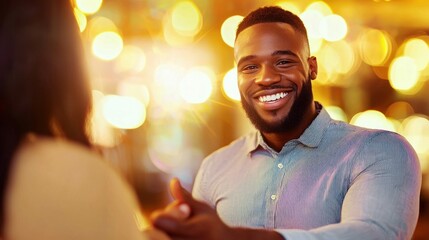 A happy and smiling man enjoys a pleasant conversation with a friend or partner, indoors at night.