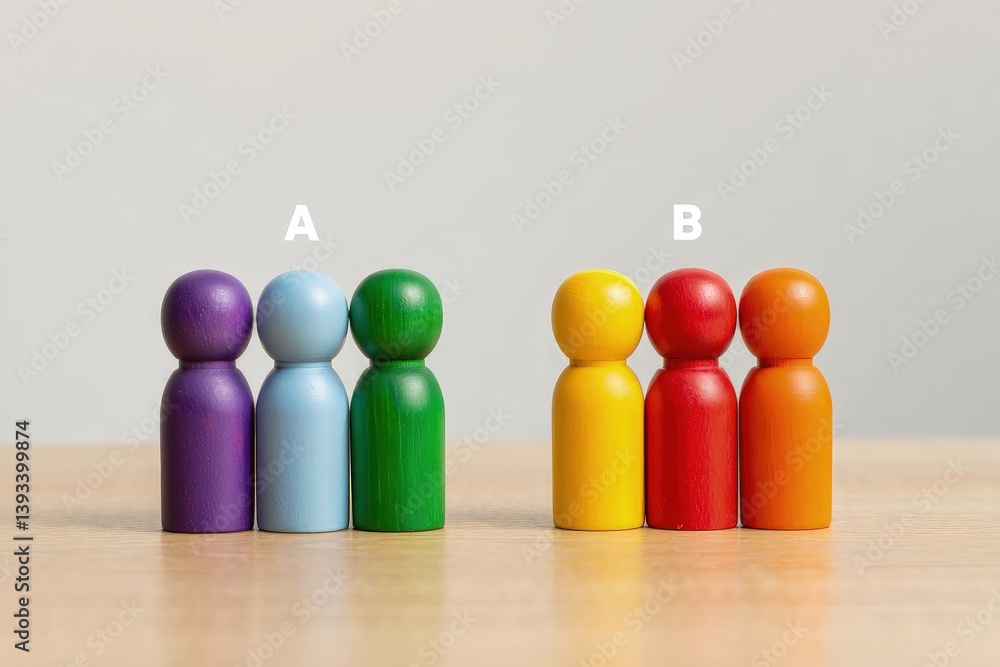 Leinwandbilder Two groups of people A and B. Social experiments. Control group. Surveys and statistics collection. Division into two types. Study of society and social technologies.