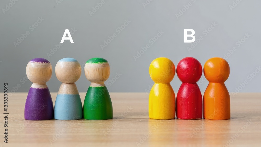 Poster Two groups of people A and B. Social experiments. Control group. Surveys and statistics collection. Division into two types. Study of society and social technologies.