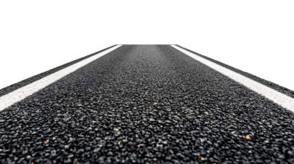 Asphalt texture with white lines, perspective view, cut out transparent