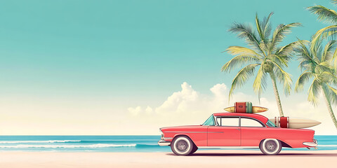 Vintage car with luggage and surfboard on the beach with palm trees, a summer vacation concept banner background. Copy space, high quality.