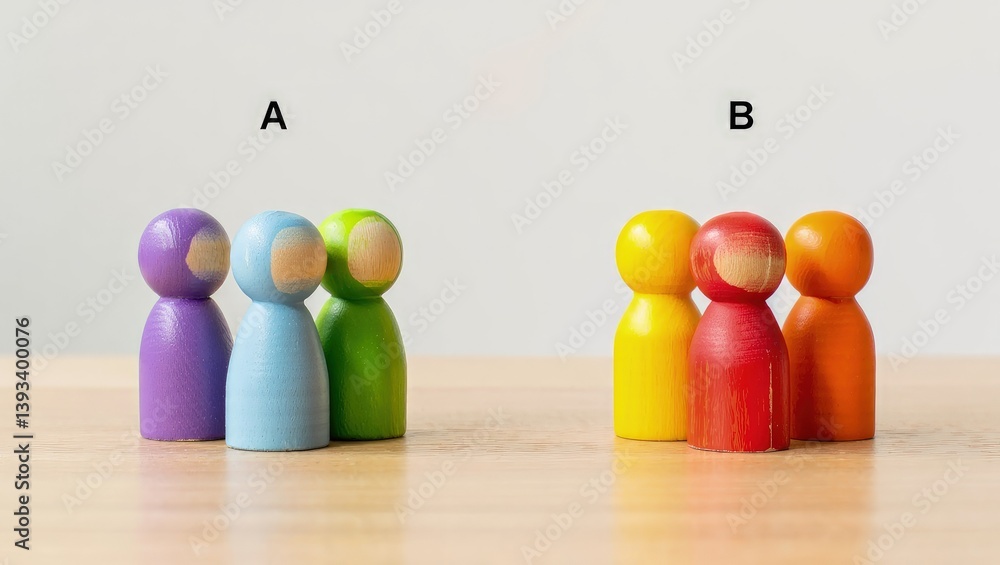 Poster Two groups of people A and B. Social experiments. Control group. Surveys and statistics collection. Division into two types. Study of society and social technologies.