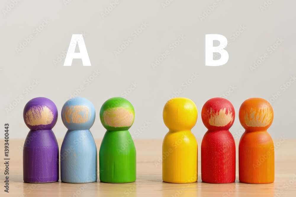 Poster Two groups of people A and B. Social experiments. Control group. Surveys and statistics collection. Division into two types. Study of society and social technologies.