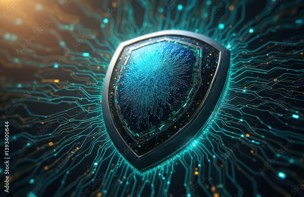 Aufkleber digital illustration features cyber security shield. futuristic tech protects data privacy, informat