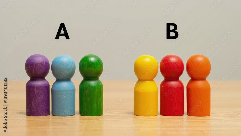 Poster Two groups of people A and B. Social experiments. Control group. Surveys and statistics collection. Division into two types. Study of society and social technologies.