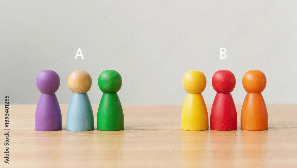 Fototapete Two groups of people A and B. Social experiments. Control group. Surveys and statistics collection. Division into two types. Study of society and social technologies.
