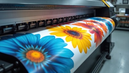 Large format digital inkjet printer in action. Printing colorful floral design on paper roll. Industrial tech, advertising, media industry, shop, commercial business. Modern printing process.