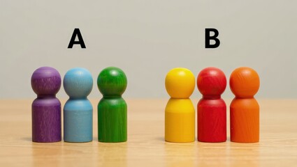 Two groups of people A and B. Social experiments. Control group. Surveys and statistics collection. Division into two types. Study of society and social technologies.