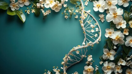 Blooming flowers and leaves create a beautiful double helix DNA strand representing organic evolution on a tranquil background
